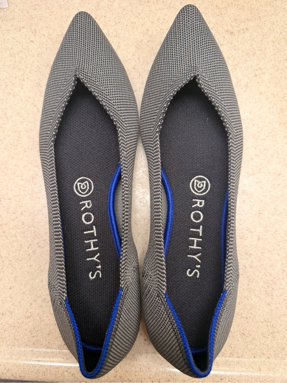Rothy's Pointed Flat in Cloud Grey Birdseye with Blue Trim